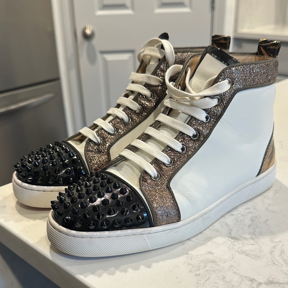 Christian Louboutin White and Black Spiked Sneakers